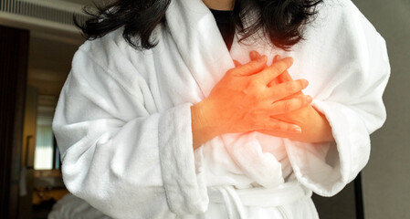 Chest pain or heart attack helathcare concept. Woman suffer from illness cardiac or  Lung Problems,Myocarditis, heart burn,Pneumonia or lung abscess, pulmonary embolism day