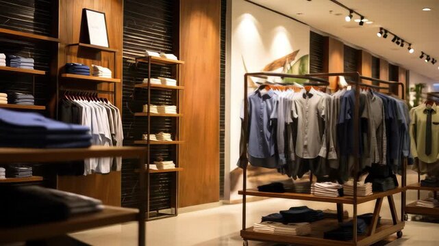 A well lit fashion retail space features neatly arranged clothing on display racks offering a range of colorful shirts and stylish apparel for customers to explore