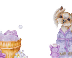 Watercolor illustration of a small Yorkshire terrier dog dressed in a bathrobe, next to a wooden bathroom with foam. There are towels with bath accessories. Illustration hand -drawn on a white backgro