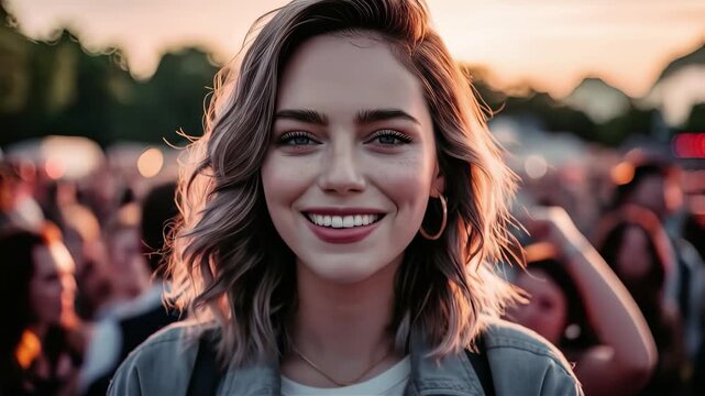 A smiling female character stands in front of a bustling crowd at an outdoor festival capturing the joyous spirit as the sun sets behind her