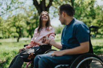 Two individuals in wheelchairs spending quality time outdoors in a natural setting, expressing joy...