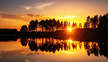 Dramatic sunset over a tranquil lake with silhouetted trees