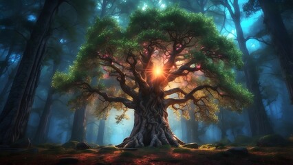 A glowing magical tree in the heart of an ancient forest, fantasy and mythology desktop wallpaper backdrop, cinematic HDR vibrant theme colors, promo movie sales poster banner book cover background