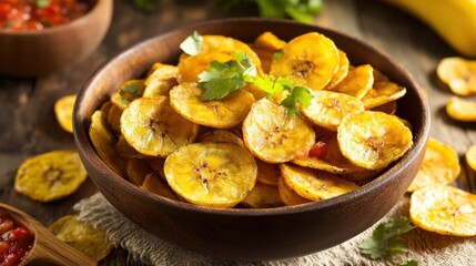 Fresh Air Fried Plantain Chips in Wooden Bowl