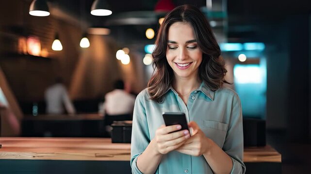 A woman looks pleased as she interacts with her smartphone showcasing her enjoyment of exceptional service in a stylish cafe during the evening