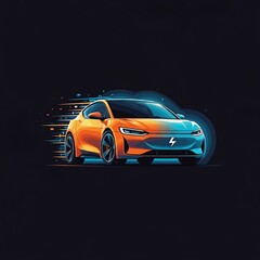 A stylized orange electric car with blue accents speeding against a dark background, showcasing motion and modern design.