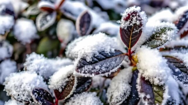 Snow covers lush dark leaves in a serene garden showcasing a winter wonderland that highlights natures elegance during the colder months