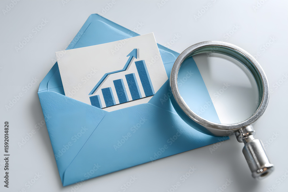 Poster 3d blue icon of digital marketing and finance: a bar graph arrow pointing up inside an open envelope