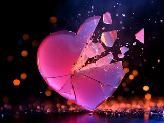 Shattered Heart - Pink Glass Sculpture - Emotional Breakup Concept