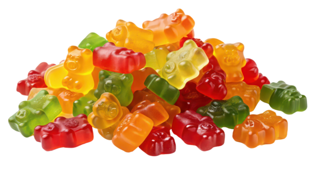 A pile of colorful gummy bears in various flavors and colors isolated PNG background