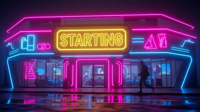 Neon Startup: Glowing Building Facade at Night. Stream starting soon screen, overlay loop, animated virtual backgrounds, cozy lo-fi cafe, vtuber asset twitch zoom OBS, livestreaming.