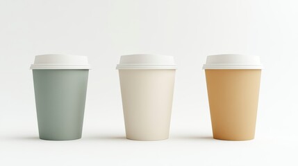 Three disposable coffee cups in different colors on white background.
