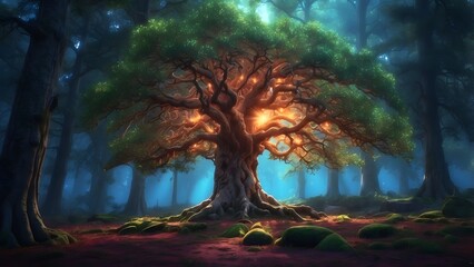 A glowing magical tree in the heart of an ancient forest, fantasy and mythology desktop wallpaper backdrop, cinematic HDR vibrant theme colors, promo movie sales poster banner book cover background