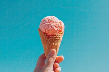 Pink ice cream in waffle cone, held by hand against a teal background