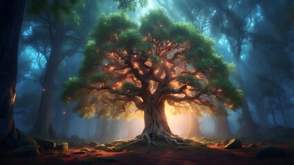 A glowing magical tree in the heart of an ancient forest, fantasy and mythology desktop wallpaper backdrop, cinematic HDR vibrant theme colors, promo movie sales poster banner book cover background