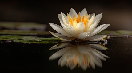A delicate white water lily, reflected perfectly