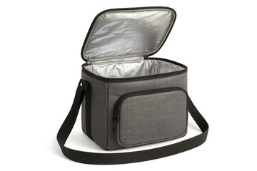 Open gray lunch bag with black strap revealing its insulated silver interior, perfect for keeping food and drinks fresh on the go