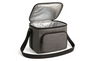 Open gray lunch bag with black strap revealing its insulated silver interior, perfect for keeping food and drinks fresh on the go