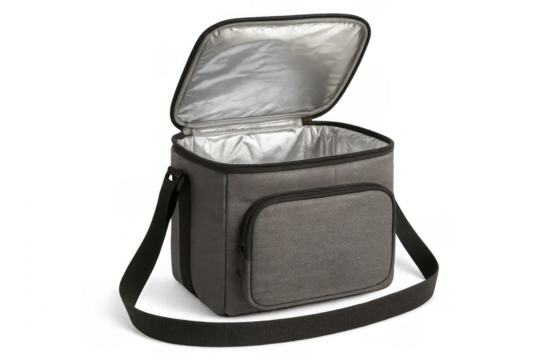 Open gray lunch bag with black strap revealing its insulated silver interior, perfect for keeping food and drinks fresh on the go