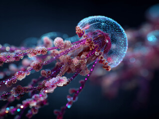 Obraz premium Bioluminescent jellyfish with glowing tentacles floats gracefully in dark water, showcasing vibrant colors and intricate details. ethereal glow creates mesmerizing underwater scene