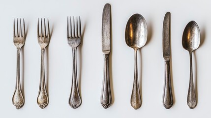 Vintage silverware set forks, knives, spoons arranged on white background.
