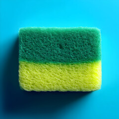 Brightly colored kitchen sponge resting on a blue surface with a vibrant contrast of green and yellow hues