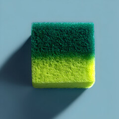 Bright green and yellow cleaning sponge on a soft blue background creating a vivid contrast that highlights everyday cleaning supplies