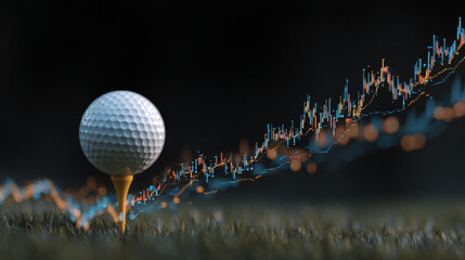 Golf ball on tee is juxtaposed with fluctuating stock market graph, symbolizing intersection of sports and finance. image conveys sense of dynamic growth and strategic planning