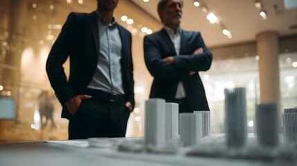 Fototapeta premium Investor and architect discussing scaled model in a showroom