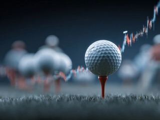Golf ball on tee is set against backdrop of stock market graph, symbolizing intersection of sports and finance. image conveys sense of precision and strategy