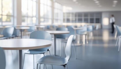 Blurred Abstract Interior Of A Canteen Showcasing An Empty Table And Chair. Ambiance Of A Cafeteria Captured In A Modern Style.