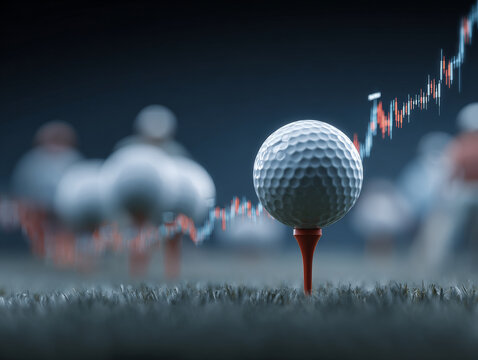 Golf ball on tee is set against backdrop of stock market graph, symbolizing intersection of sports and finance. image conveys sense of precision and strategy - Powered by Adobe