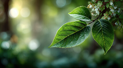 Fototapeta premium Closeup of Dewy Green Leaves on Branch in Forest Sunlight