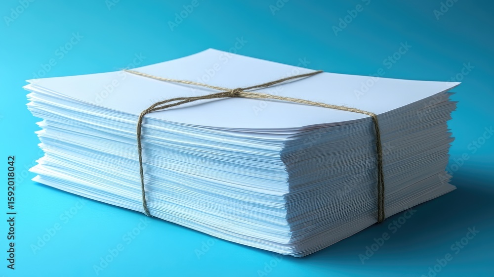 Aufkleber stack of paper tied with string on blue background
