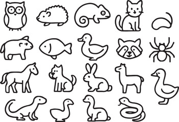 Simple black line drawings of various animals on white background