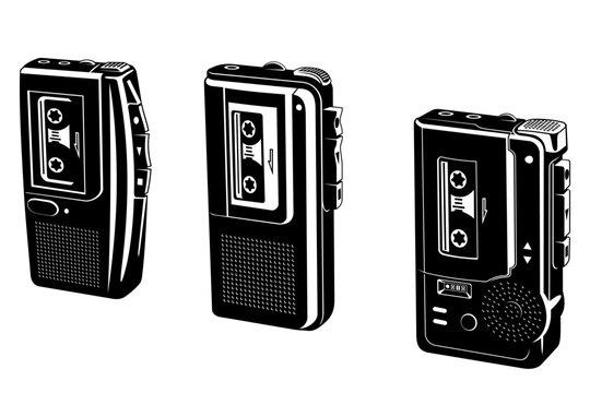 Retro Dictaphones Set. Portable Audio Equipment. Micro Cassette Recorder. Black and white vector cliparts isolated on white.