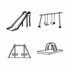 Set of 4 flat line art icons_ Slide, swing, seesaw, sandbox. Monochrome, rounded edges, 2pt stroke weight, isolated on transparent background. Playful yet modern
