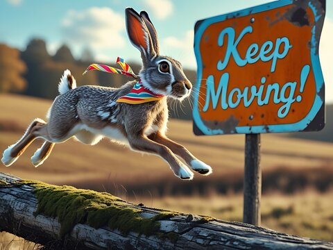 Jumping Hare with Keep Moving Sign. (1)