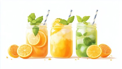 Fototapeta premium Refreshing Summer Beverages: Lemonade, Mojito, And Orange Lemonade Served In Mason Jars With Ingredients Displayed On A White Table From A Top View.