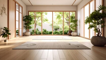 Fototapeta premium Light-filled Zen room with garden view