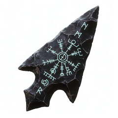 Viking stone arrowhead with ancient runes engraved on surface  