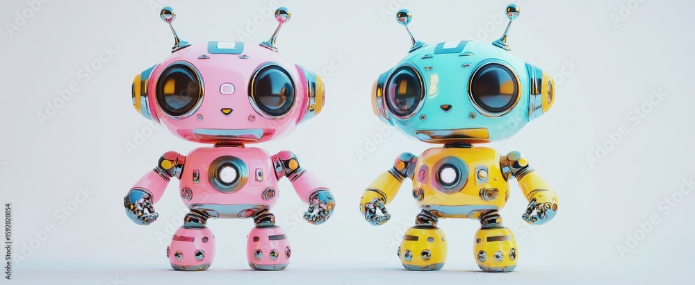 Poster this vibrant image features two friendly robot characters in pink and blue, showcasing a playful des