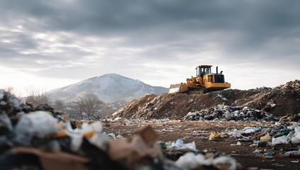 Large hill of garbage and plastic waste with a bulldozer on top at a landfill site