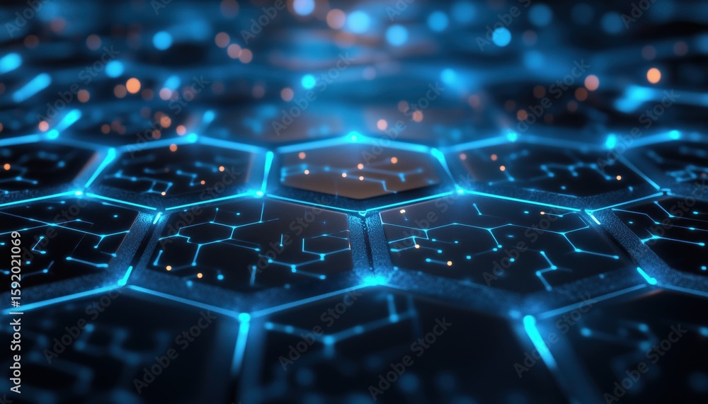Aufkleber blue geometric hexagons pattern with glowing light on dark: an abstract technological connection for