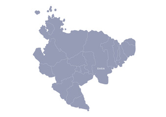 Obraz premium グレー色の日本地図, 佐賀県の行政区分付き地図, Gray colored map of Japan, Saga prefecture