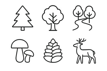 Obraz premium out stroke icon forest (nature): pine tree oak tree forest path mushrooms pine cone deer. out stroke icon