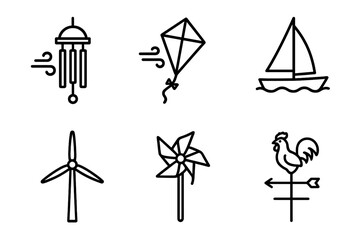 Naklejka premium out stroke icon wind (gentle breeze): wind chimes kite sailboat wind turbine pinwheel weather vane. out stroke icon