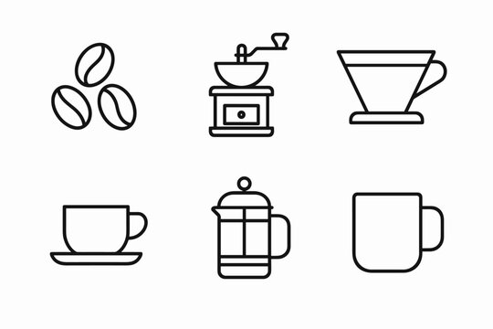 out stroke icon coffee (basics): coffee beans coffee grinder coffee filter espresso shot French press coffee mug. out stroke icon