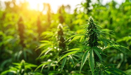 Lush cannabis plants in a field, bathed in sunlight