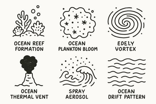 hand drawn cute doodle style isolated ocean reef formation ocean plankton bloom ocean eddy vorte ocean thermal vent ocean spray aerosol ocean drift pattern